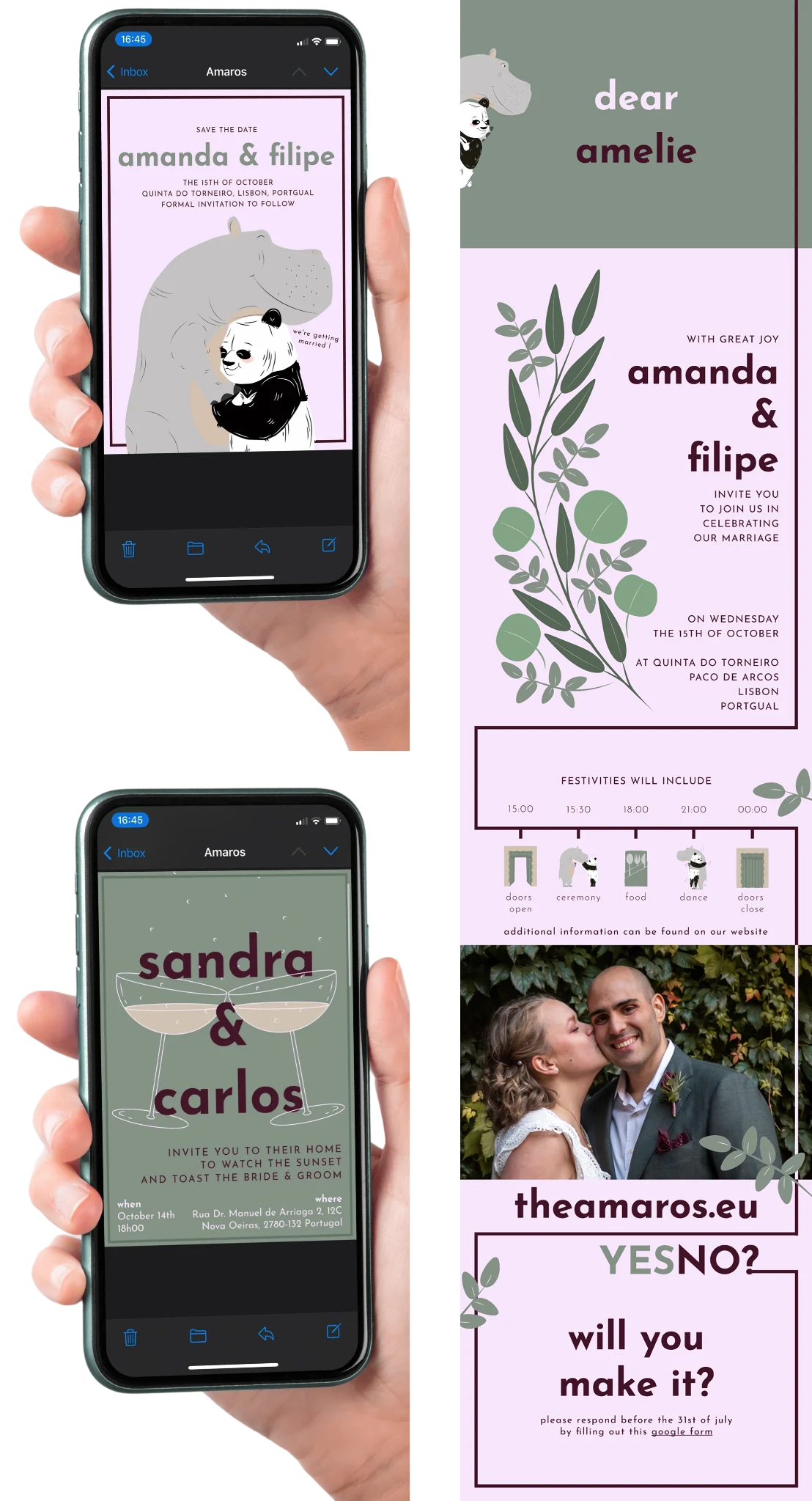 Digital invitation suite — Save the Date, Cocktail Hour, and Wedding Invitation mockup