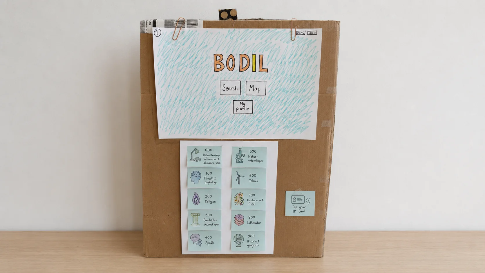 Cardboard lo-fi prototype of the in-library screen tower