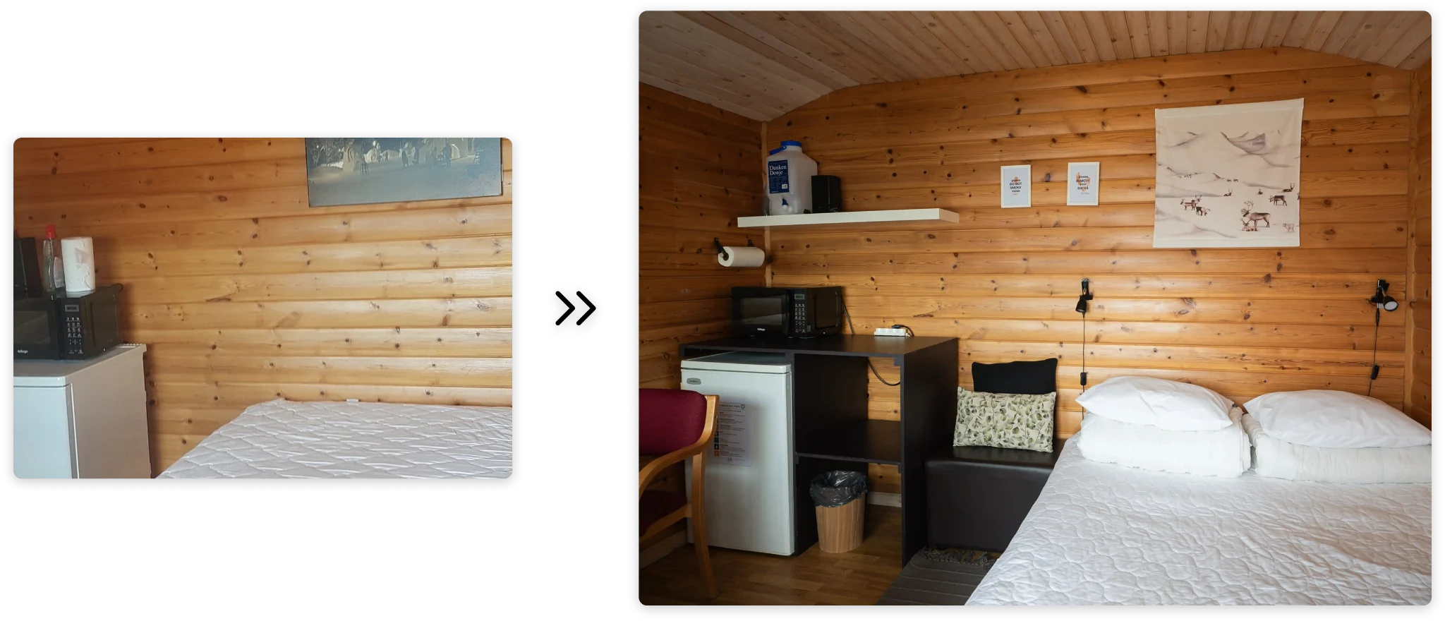 Cabin bedroom interior — materials and palette drawn from the surrounding Arctic landscape