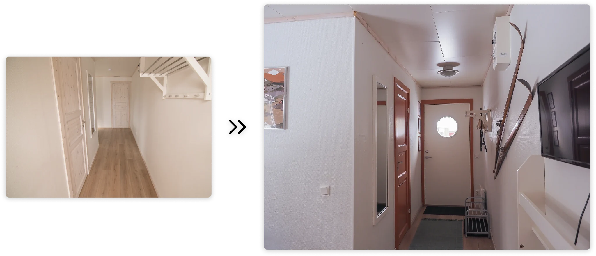 Corridor before and after the refresh — empty hallway given identity with skis on the wall and a mirror