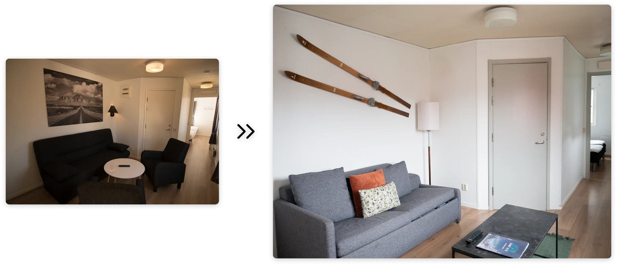 Living room before and after the refresh — dark sofa and American landscape print replaced with grey sofa, vintage skis, and Arctic materials
