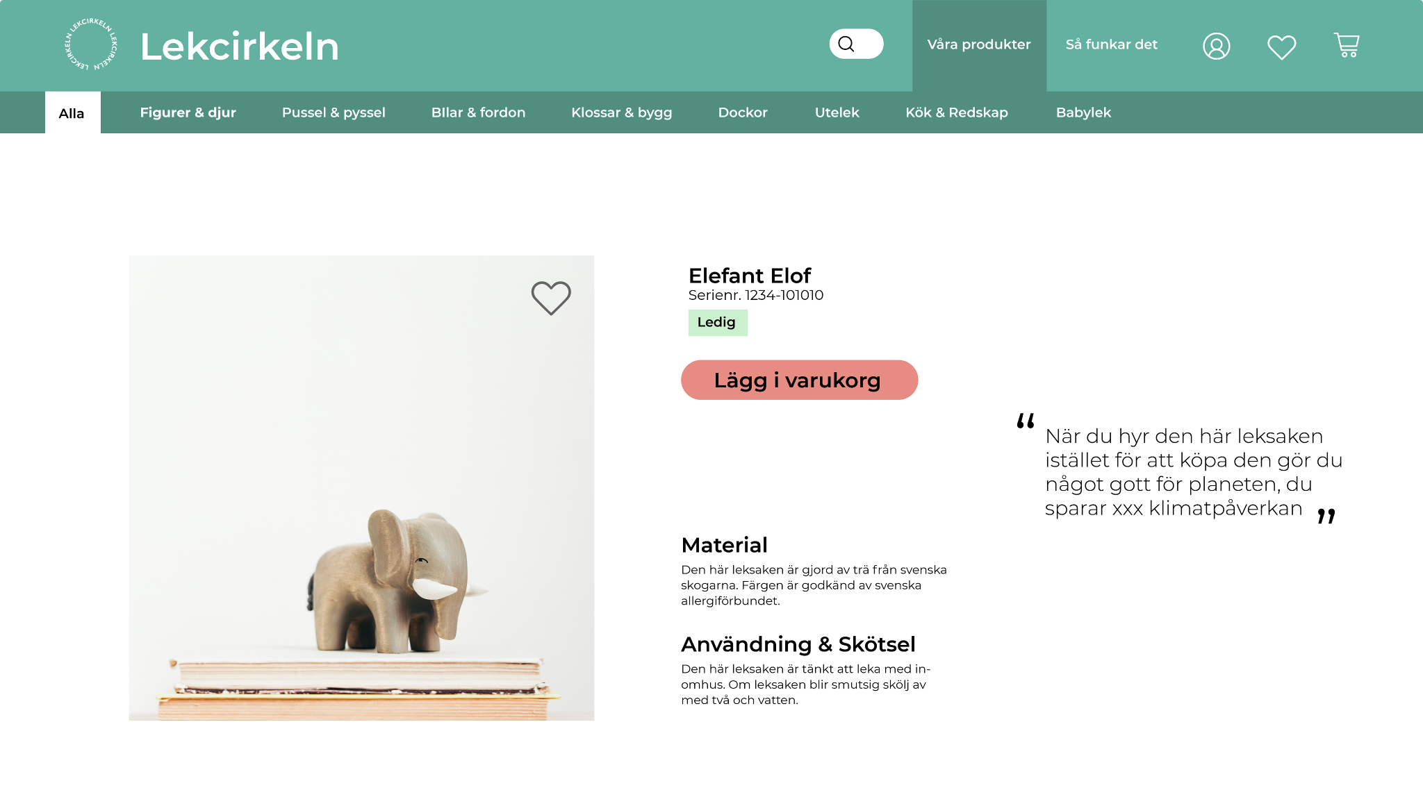 Lekcirkeln product detail page showing Elefant Elof