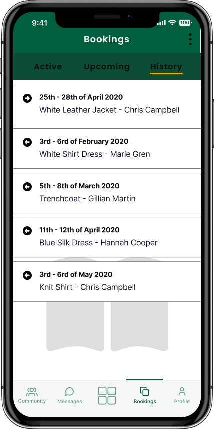 Open Closet bookings — history with in/out arrows